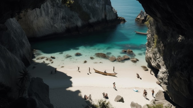 Photo top shot d'une grotte avec des baigneurs et des enfants jouant en qualité 8k à contraste élevé