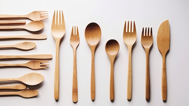 Top_view_and_flat_lay_of_bamboo_wooden_cutlery_isolated on white with Generative AI Technology
