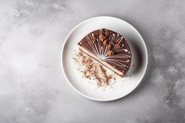 Top view gâteau au fromage avec chocolat sur plaque ovale blanche sur surface grise avec espace libre