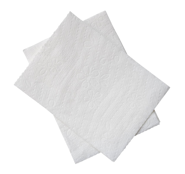 Photo top view of two folded pieces of white tissue paper or napkin in stack isolated on white background with clipping path