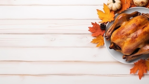 Photo top view on wooden background thanksgiving country dinner with grilled chicken