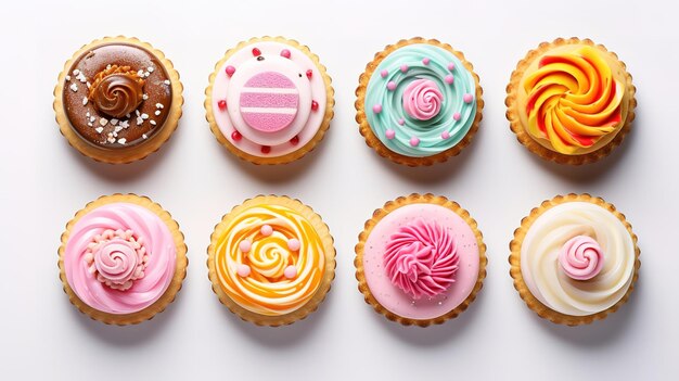 Photo top vue différents gâteaux avec de la crème et des fruits frais sur la surface légère cookie génératif ai