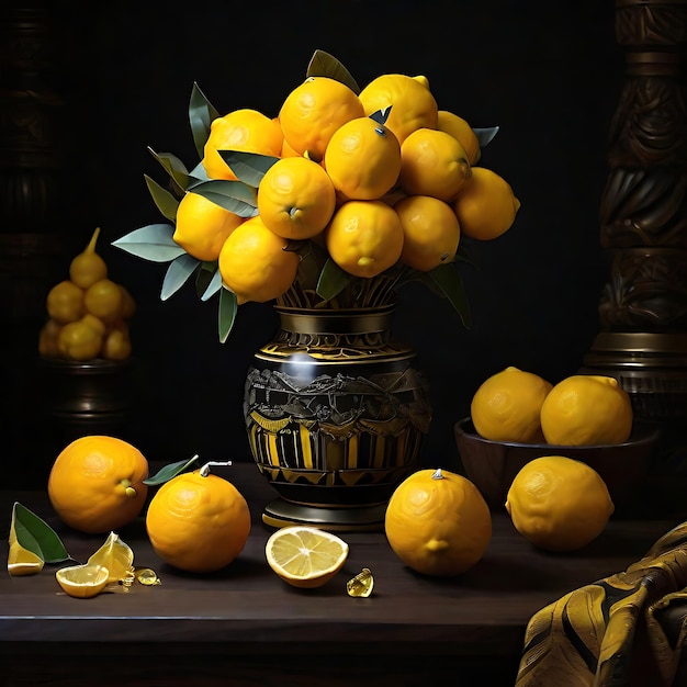 Topaz jaune sur la table dans la pièce sombre oranges et citrons AI