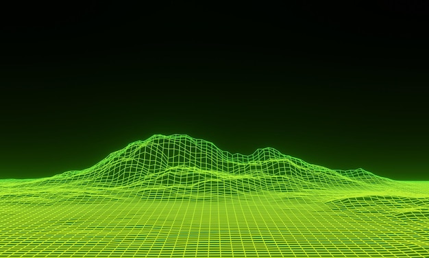 Topographie de néon de grille abstraite 3D Terrain de maillage vert dégradé