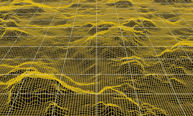 Topographie néon de grille abstraite rendue 3D Terrain en maille jaune
