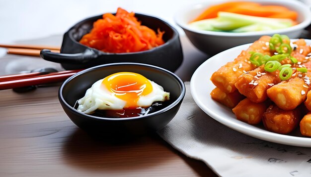 Photo topokki coréen ou gâteau de riz tteokbokki avec œufs et champignons arrière-plan sombre vue supérieure