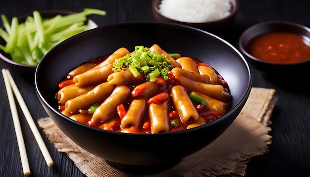 Photo topokki coréen ou gâteau de riz tteokbokki avec œufs et champignons arrière-plan sombre vue supérieure