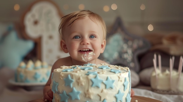 Photo topper décoré de gâteau numéro un pour l'anniversaire du bébé sur un fond clair