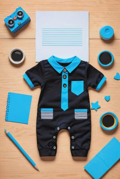 TopView Photo Mockup d'un bébé noir et d'une note bleue vide sur une table en bois