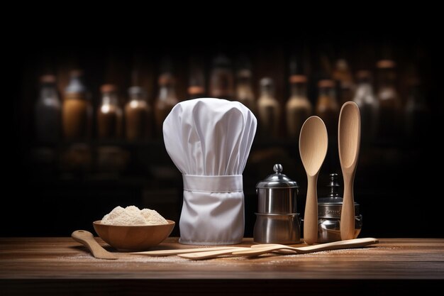 Toque de chef et ustensiles de cuisine dans un fond de cuisine vintage