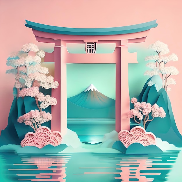 Torii et montagne avec arbres en fleurs monuments célèbres du Japon en papier découpé AI générative