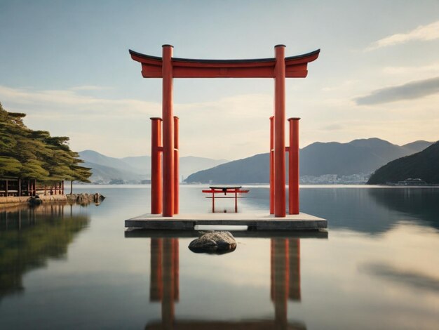 Photo un torii rouge est sur une petite plate-forme devant un lac avec des montagnes en arrière-plan
