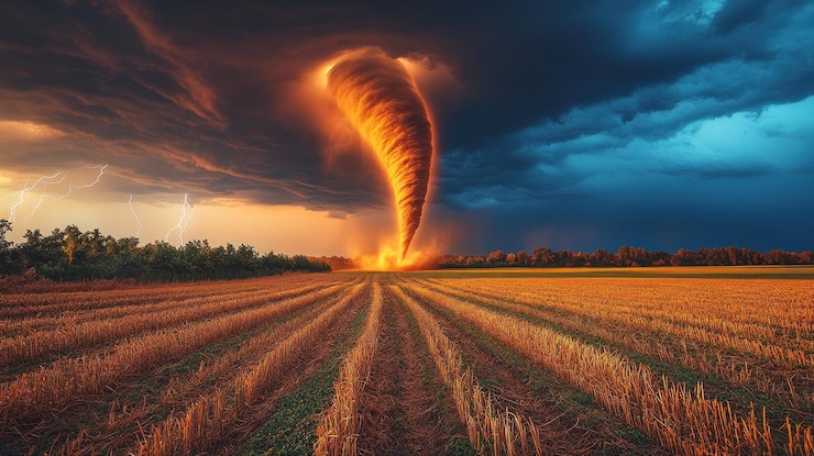 Photo une tornade ardente atterrit sur un champ pendant un coucher de soleil spectaculaire.