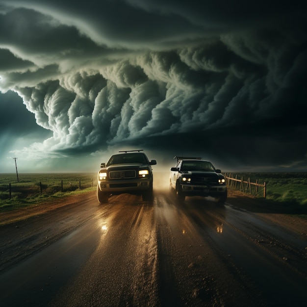 Tornade au loin et véhicules de chasse aux tempêtes