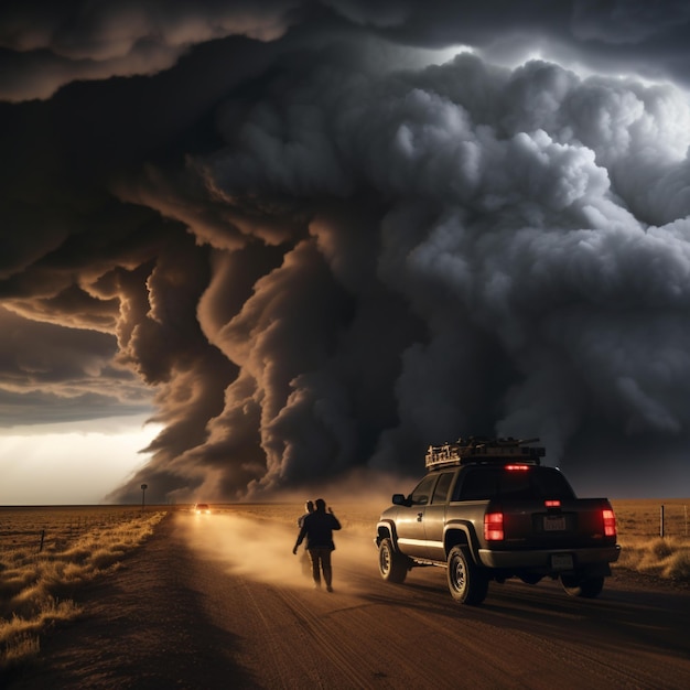 Tornade au loin et véhicules de chasse aux tempêtes