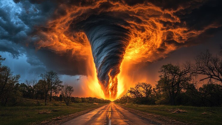 Photo une tornade de feu descend sur une route rurale jetant une ombre inquiétante