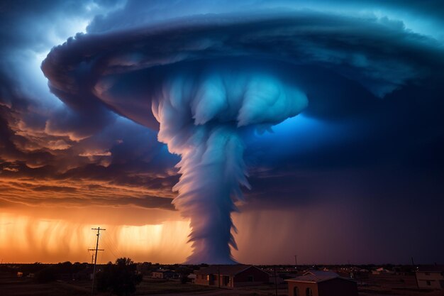 Photo une tornade se forme au crépuscule avec des lumières de la ville en arrière-plan