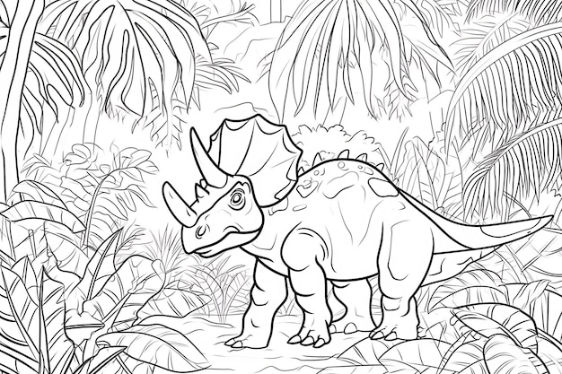 Torosaurus Dinosaur Noir et blanc Doodles linéaires Art de ligne Page de coloriage Pour les enfants Livre de coloriage