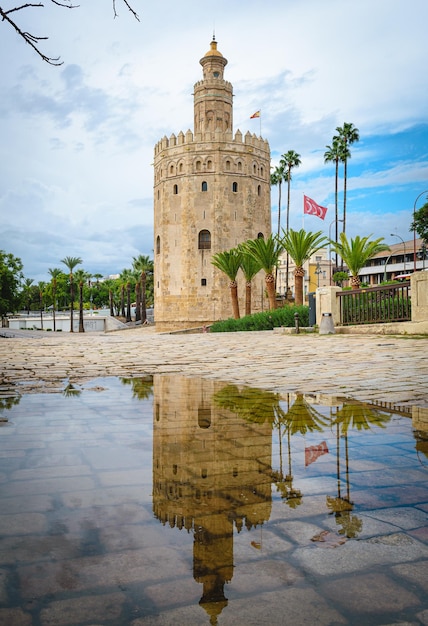 La Torre del Oro Gold Tower à Séville se reflète dans une flaque d'eau