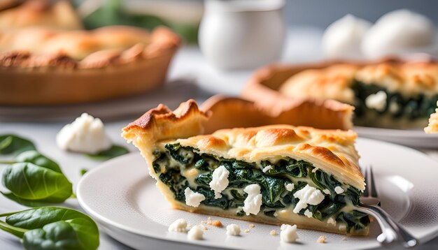 Photo torte grecque spanocopita avec des épinards et du fromage feta sur un fond clair