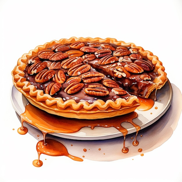 Torte à noix de pécan Torte à l'automne à l'aquarelle Cuisine à la maison Boulangerie confortable automne isolée Aquarelle IA générative