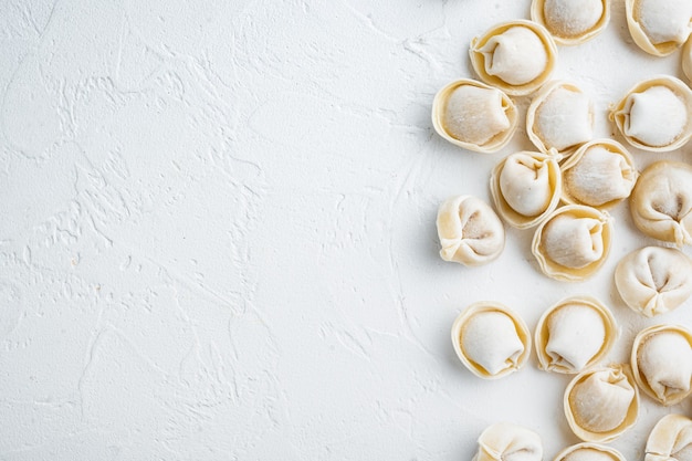 Tortellini et raviolis de boulettes congelées, sur fond blanc, vue de dessus à plat, avec copyspace et espace pour le texte