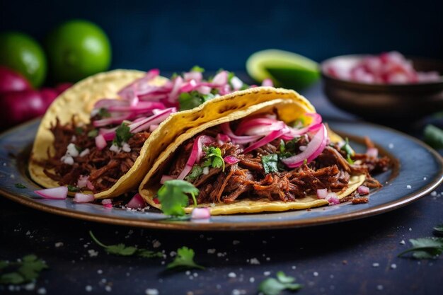 Tortes Birria au bœuf épicées avec oignons rouges marinés et coriandre