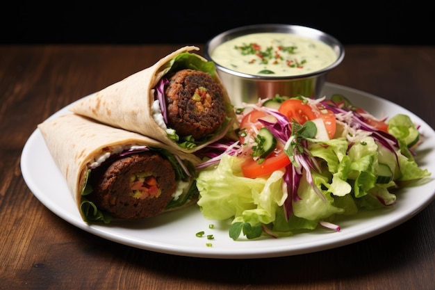 tortilla avec falafel et salade sur une table en bois ortilla emballage avec falafel et salade fraîche AI Généré