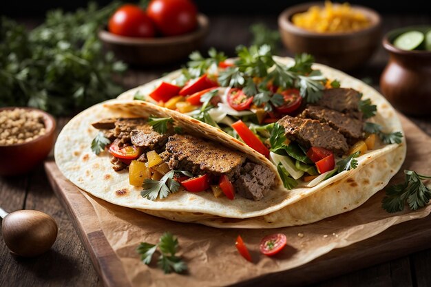 tortilla non emballée avec de la viande et des légumes