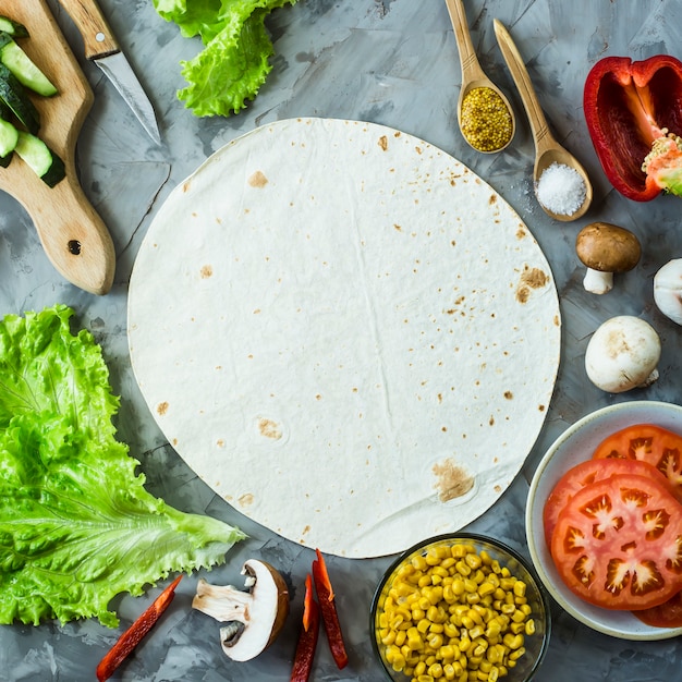 Tortilla pour la cuisson du burrito végétalien mexicain parmi les ingrédients