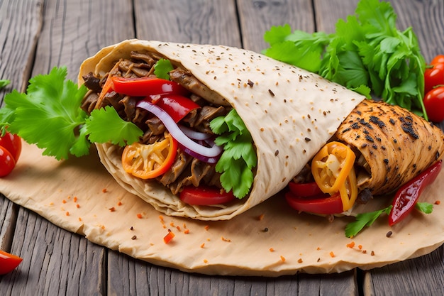 Photo des tortillas de bœuf et de légumes délicieuses et colorées d'inspiration mexicaine sur une table en bois rustique