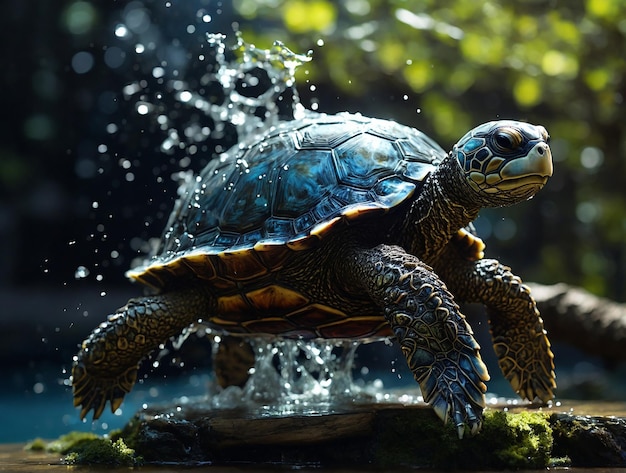 une tortue sur un arbre un éclaboussure d'eau