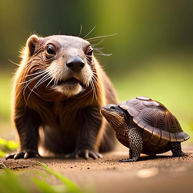 Une tortue au long nez regarde la caméra.