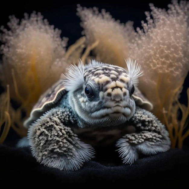 Une tortue aux plumes blanches et noires est assise dans une pièce sombre.