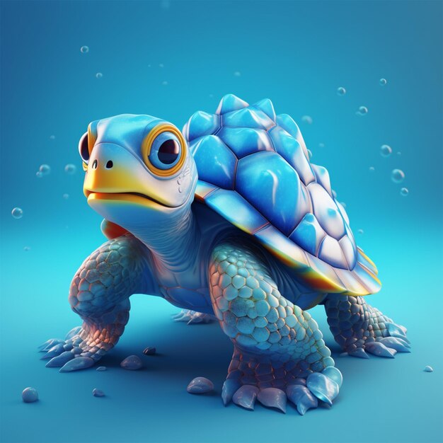 Une tortue bleue avec un œil jaune et un fond bleu.