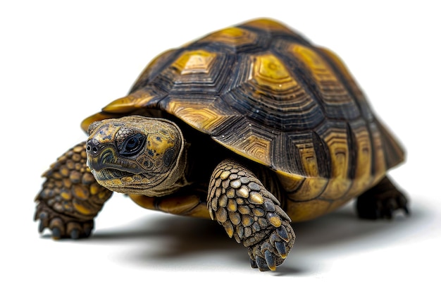 La tortue de boîte avec la coquille brune et jaune est assise sur une surface blanche