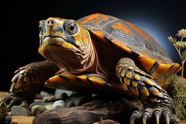 tortue sur une bûche avec un fond bleu