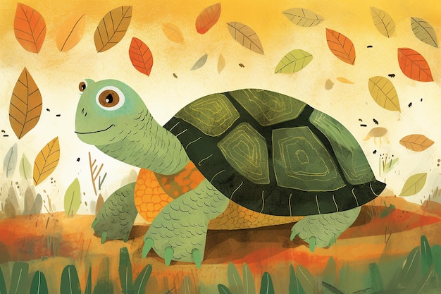 Une tortue avec une carapace verte sur la tête marche sur une branche.