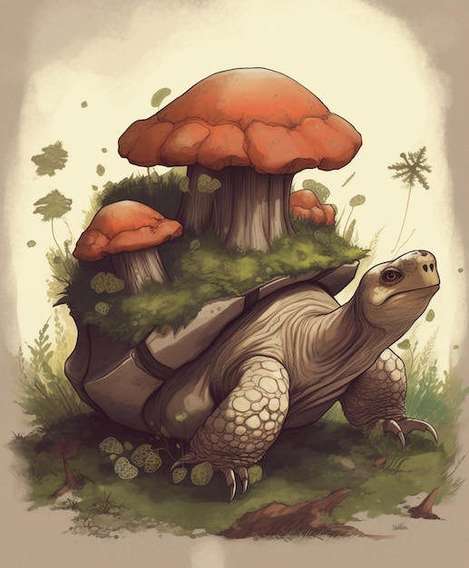 Une tortue avec un champignon sur le dos