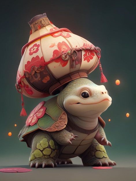 Une tortue avec un chapeau chinois sur la tête.