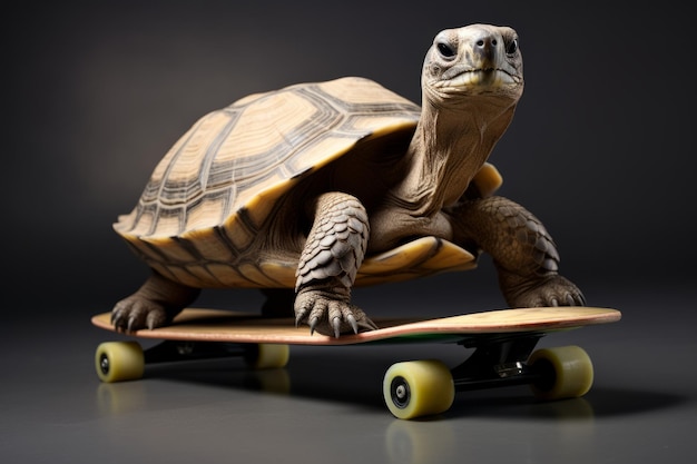 Une tortue à cheval sur un concept de stratégie et de performance de planche à roulettes