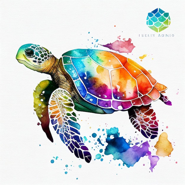 Une tortue colorée avec un fond aquarelle qui dit "Aquarius" dessus