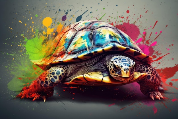 Une tortue colorée avec un fond coloré.