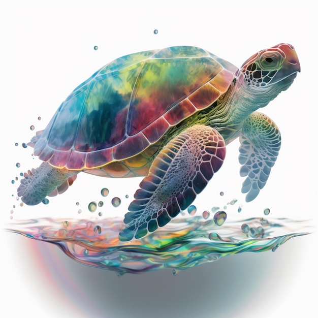 Une tortue colorée nageant dans l'eau avec des bulles en arrière-plan.