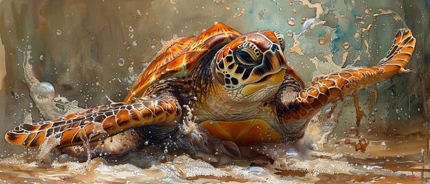 Photo tortue de contenu dans un spa de chocolat avec des bulles de cacao flottant autour capturé dans le watercolo vibrant