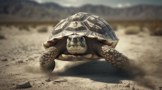 Une tortue dans le désert avec de la poussière volant autour d'elle ai générative