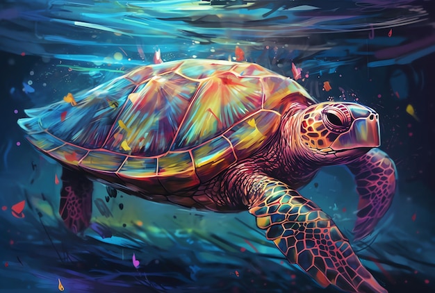 Une tortue dans l'eau avec un motif coloré.