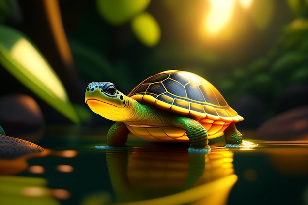 Une tortue dans l'eau avec le soleil qui brille dessus