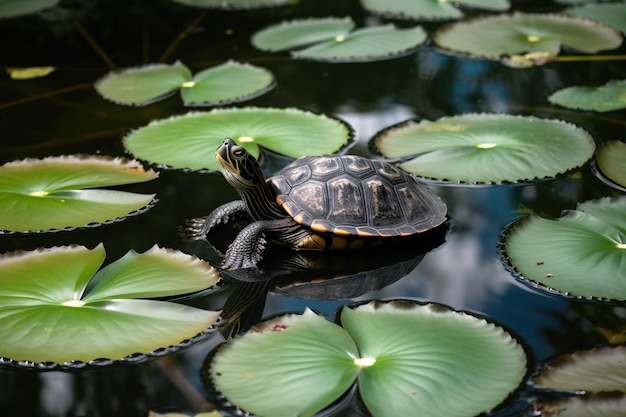 Une tortue dans un étang avec nénuphar