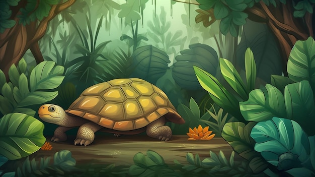 Une tortue dans la jungle avec une fleur en arrière-plan.